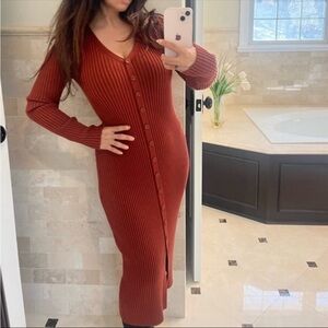 FLASH SALE SAKS Ribbed Midi dress pullover style faux buttons long sleeve